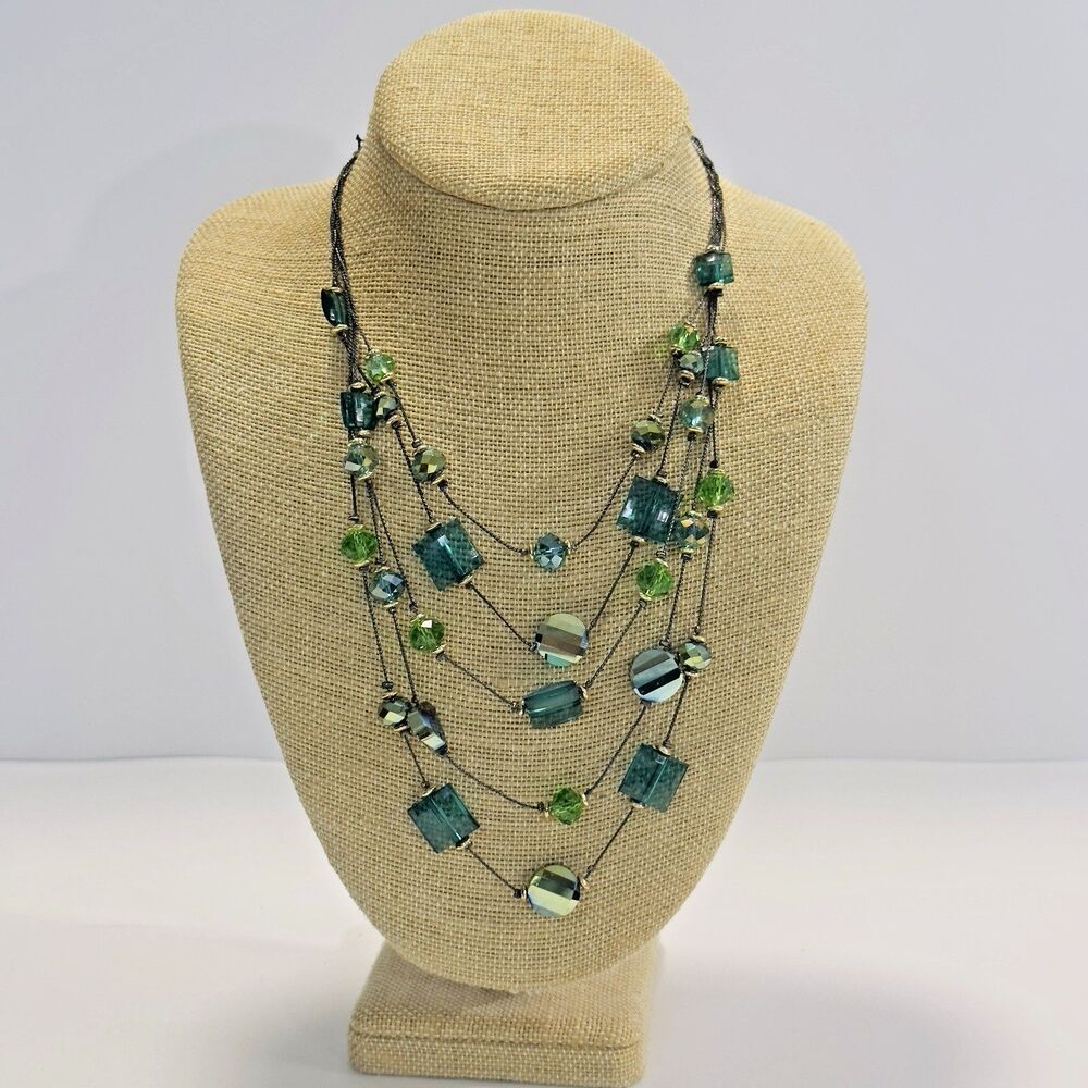 Necklace Green Blue Acrylic Glass Beads Black Wire Like Chain 11" Faceted